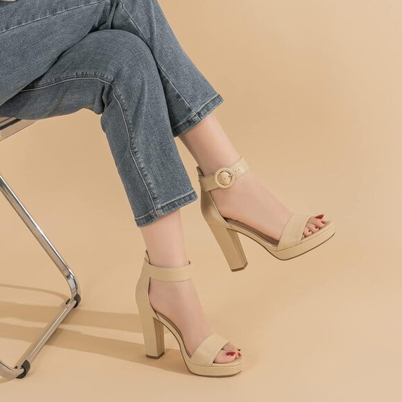 Amoji Women Pu-nude Faux Suede Open Toe High Heel Chunky Platform Sandals - Picture 7 of 8